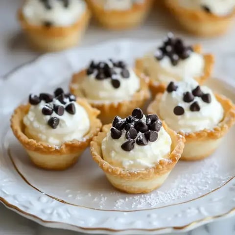 Flaky pastry cups filled with cream and finished with chocolate sprinkles on a plate.
