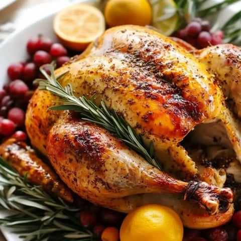 Golden brown turkey with rosemary, lemons, and grapes on the side