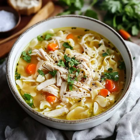 Chicken noodle soup in a bowl, loaded with shredded chicken and carrots, topped with fresh cilantro.