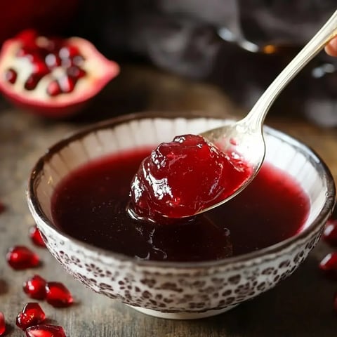 A spoon scooping shiny, wobbly pomegranate jelly out of a fancy bowl with pomegranate seeds scattered nearby.