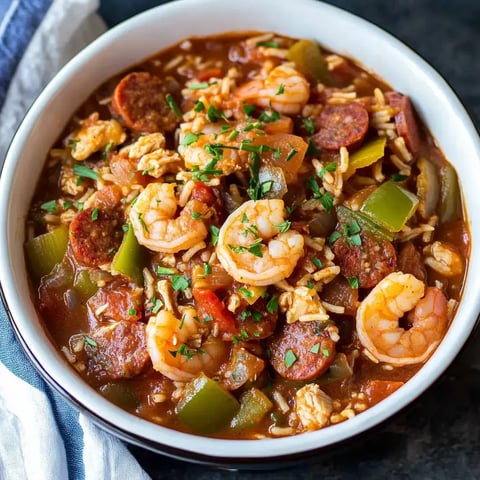 Big bowl full of rice, green peppers, shrimp, sausage, and herbs, finished with some fresh parsley on top.