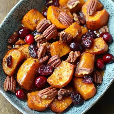 Chopped roasted butternut squash with cranberries and pecans tossed in a bowl, shiny with glaze.