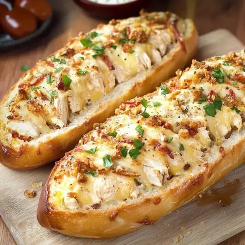 Two golden loaves with cheesy chicken, bacon, and herbs on a wooden board.