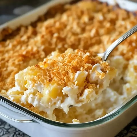 Spoon digging into creamy, cheesy potatoes with golden crispy topping, bits of pineapple peeking out, rest of the dish in the background.