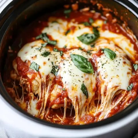 Chicken snuggled in tomato sauce, oozing mozzarella and bright basil, waiting inside a slow cooker.