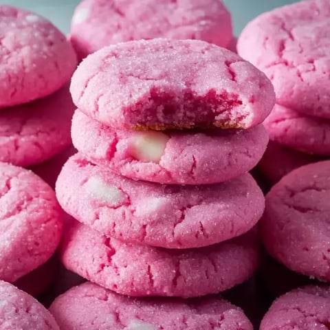 Pile of pink cookies, one with a bite, and more scattered around.