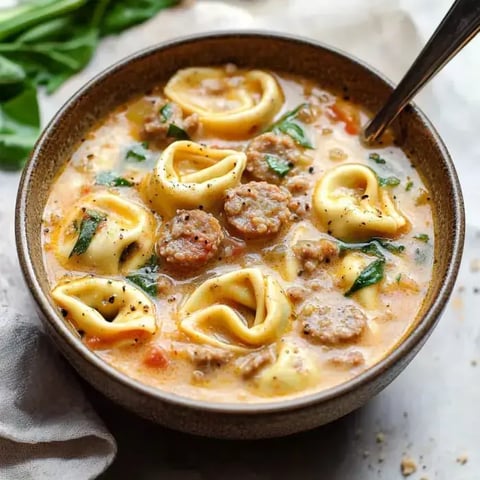 Creamy soup with sausage, spinach, tomatoes, and tortellini in a bowl, finished with fresh black pepper.