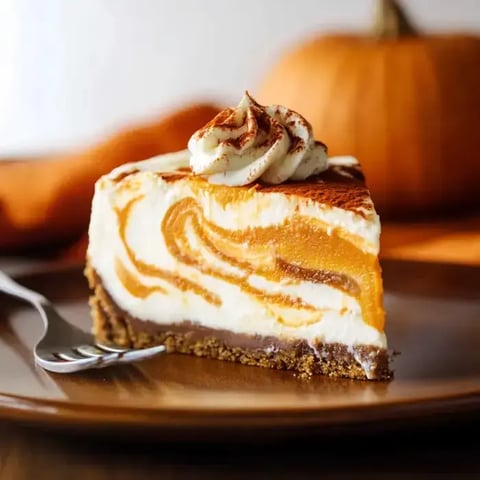 Thick pumpkin cheesecake slice with creamy swirls, finished with a swirl of whipped cream. Cozy autumn touches in the background.