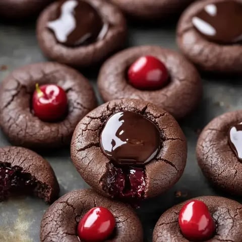 Close view of fudgy cocoa cookies with shiny ganache centers and vibrant cherries.