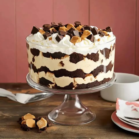 Glass dish packed with chocolate, creamy layers, and heaps of whipped topping, dotted with chopped chocolate treats.