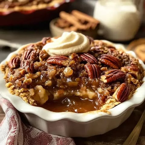 Gooey pecan cobbler with whipped cream, one slice served to show off those nutty layers.