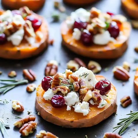Soft baked sweet potato slices with creamy goat cheese, bits of cranberry, and pecans, all topped with herbs, set on a dark plate.