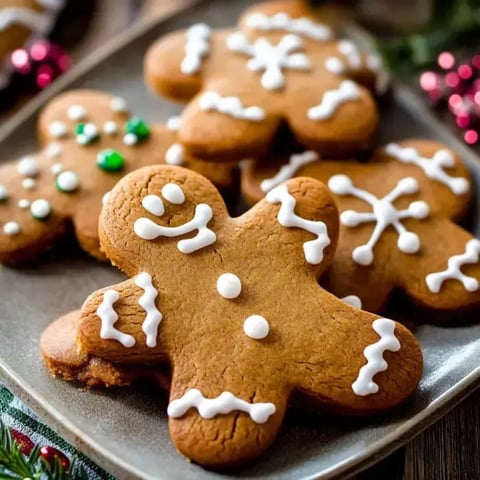 A plate stacked with gingerbread cookies, including a cheerful gingerbread person in white icing and bright sprinkles.