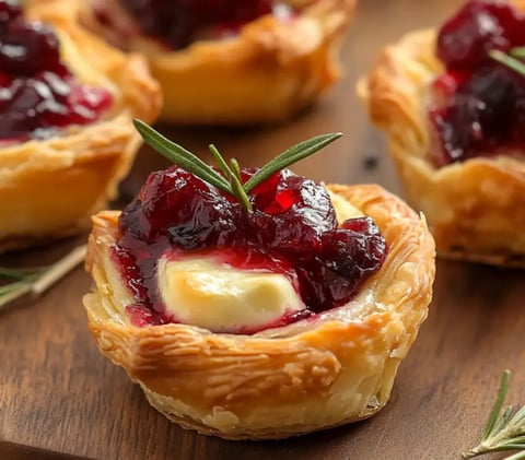 Super close shot of a pastry nest stuffed with creamy brie, cranberry, and rosemary sprig on top.