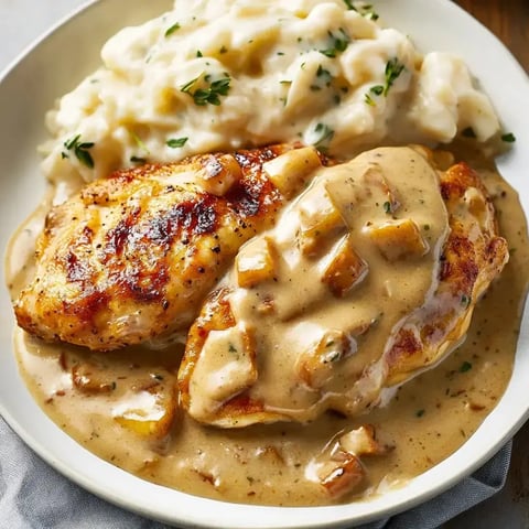 Juicy chicken covered in creamy onion sauce, sitting next to fluffy mashed potatoes.