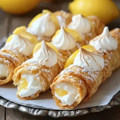 Pastry rolls filled with lemony cream and topped with meringue, plus some lemon slices alongside.
