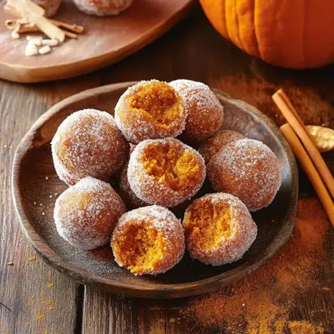 A wooden plate with a pile of sugar-rolled pumpkin muffin bites, some split open to show the orange inside.
