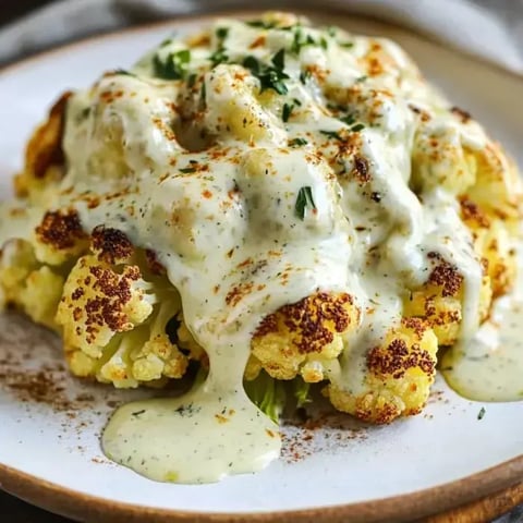A roasted cauliflower covered in creamy cheese sauce with fresh herbs on a plate.
