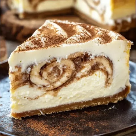 Creamy slice topped with cinnamon and chocolate swirls on a dark dish.