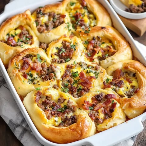 Golden brown pastry rolls bursting with sausage, bacon and cheese filling, sprinkled with fresh herbs in a white baking dish.