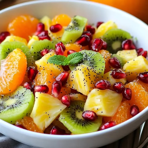 A colorful bowl filled with juicy orange segments, sliced kiwis, pineapple chunks, and ruby pomegranate seeds, topped with a fresh mint sprig.