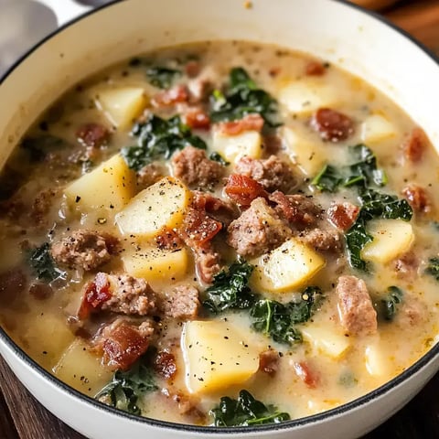 A velvety soup with tender potato chunks, crumbled sausage, wilted kale, and bacon bits.
