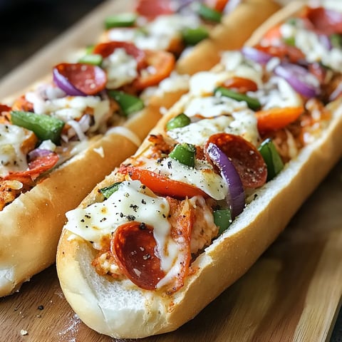 Two hot dogs with cheese and peppers on a wooden board.