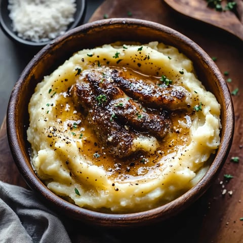 A bowl of food with meat and potatoes.