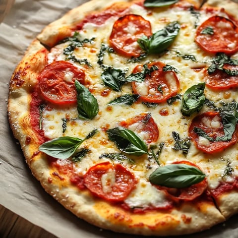 A pizza with tomatoes, cheese and basil.