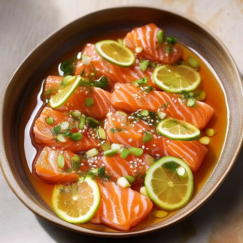 A bowl of sliced salmon with lemon slices.