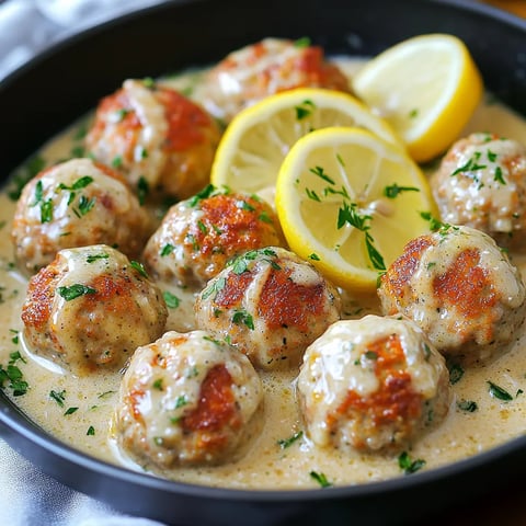 A bowl of meatballs with a lemon wedge on top.