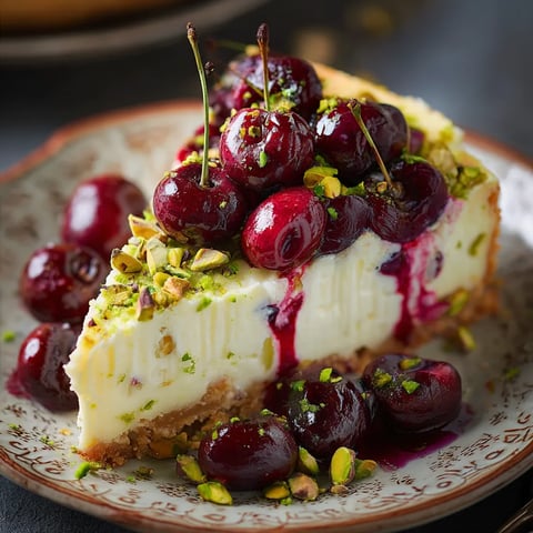 A slice of cheesecake with cherries on top.