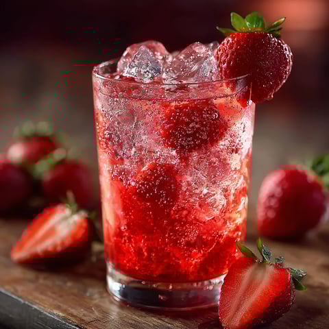 A glass of red drink with strawberries.