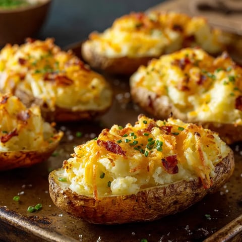 A tray of baked potatoes with cheese and bacon.