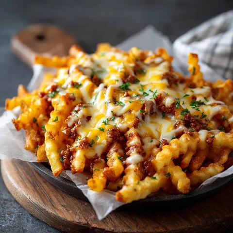 A plate of fries with cheese and chili.