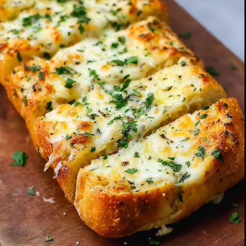 A slice of cheesy garlic bread on a cutting board.