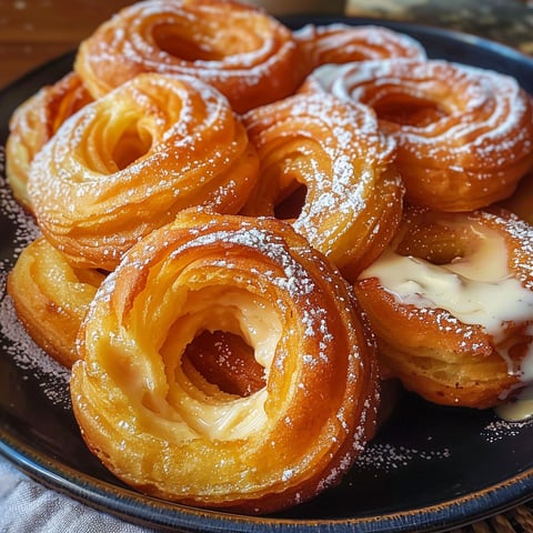A plate of French crullers with powdered sugar.