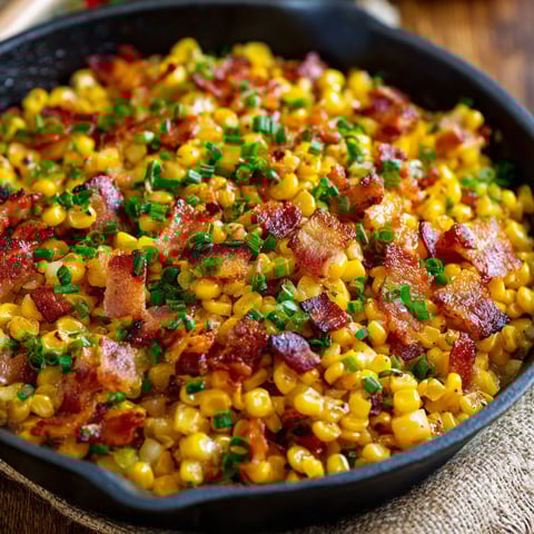 A fried corn dish with bacon.