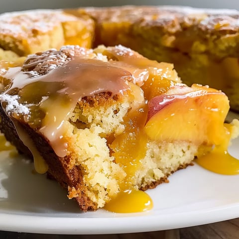 A slice of brown sugar peach cake on a plate.