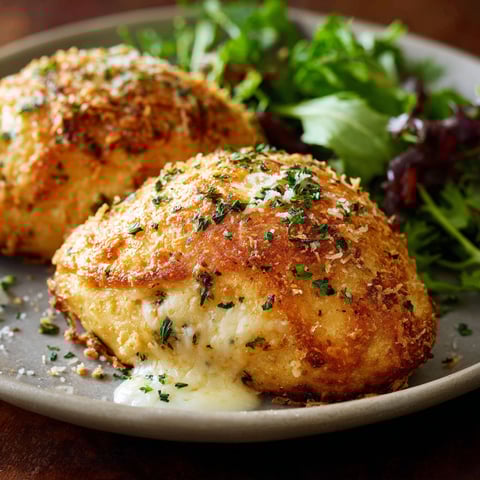 Two chicken pillows with parmesan cheese on a plate.