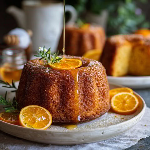 A cake with orange and ginger flavors and drizzled with honey.