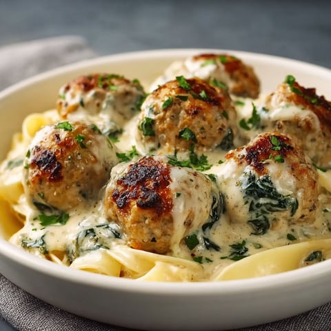 A plate of chicken ricotta meatballs alfredo.