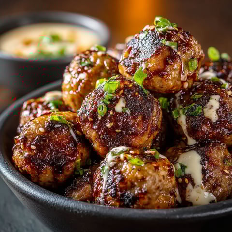 A bowl of meatballs with a dipping sauce.