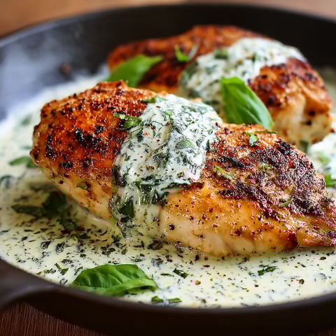 A dish of chicken with basil cream sauce.