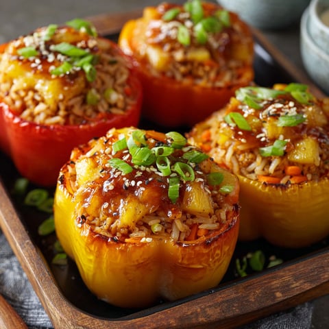 Four peppers filled with rice and pineapple.