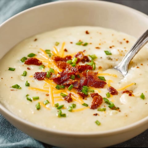 A bowl of soup with bacon and cheese.