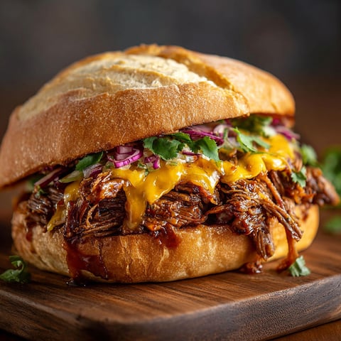 A Pulled Beef Sandwich on a wooden table.