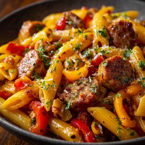 A bowl of pasta with sausage and peppers.