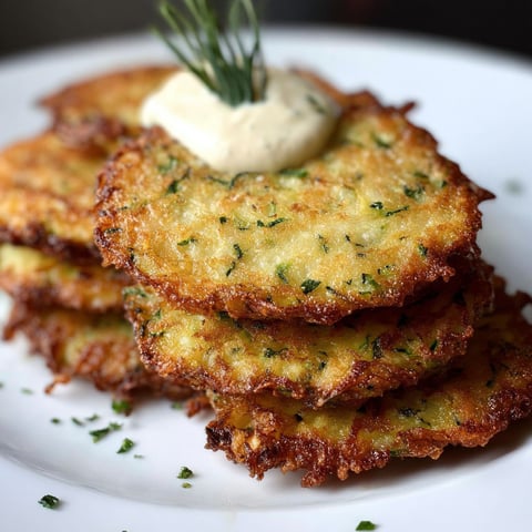 A stack of zucchini fritters with a dollop of cream on top.