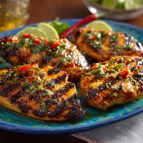 A plate of grilled chicken with lime wedges on the side.